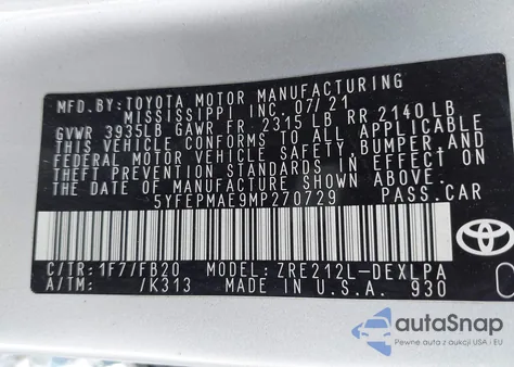 2021 Toyota Corolla Le из США, поврежденный, VIN 5YFEPMAE9MP270729